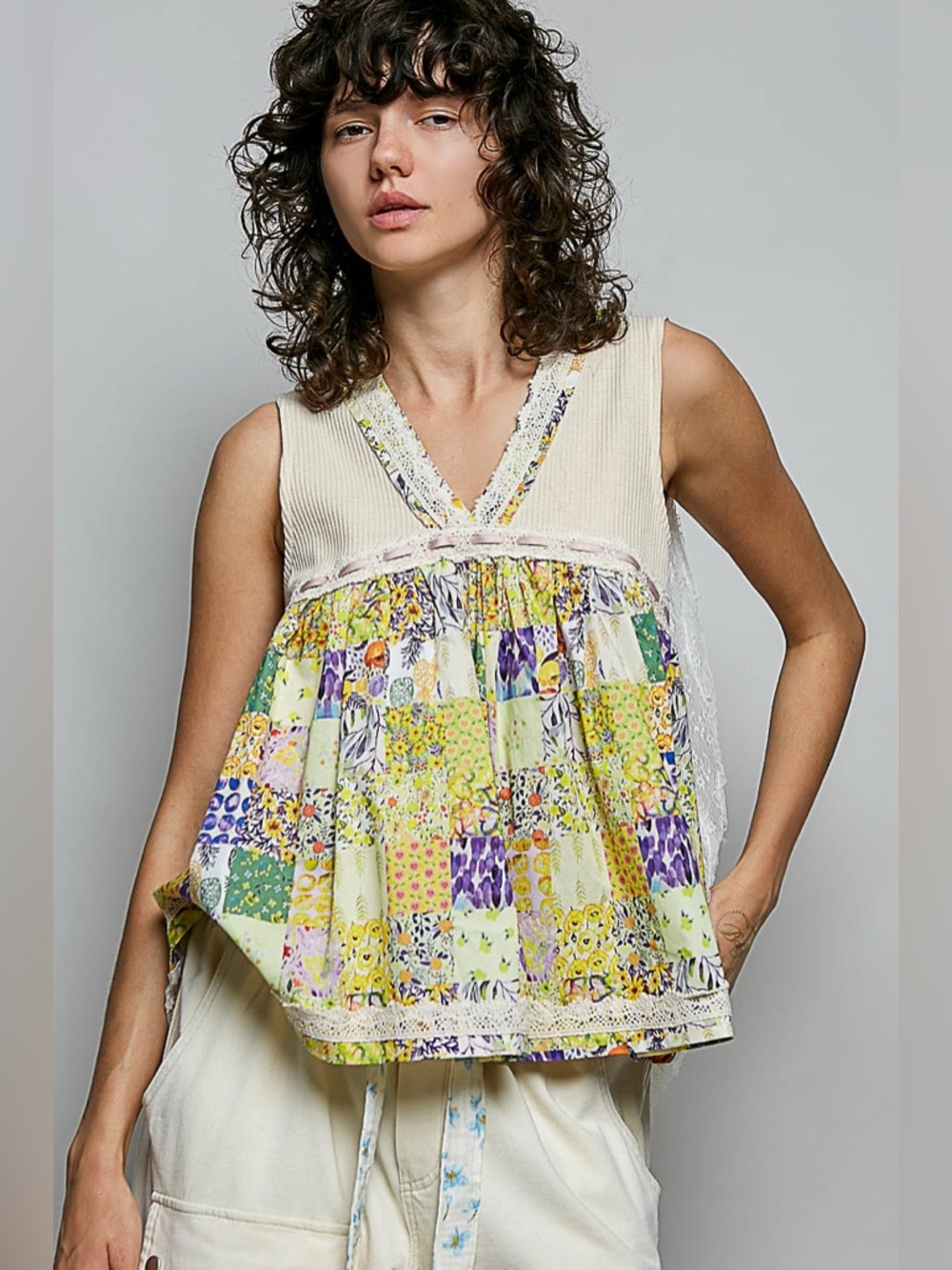 POL Floral V-Neck Sheer Tank with Lace Trim